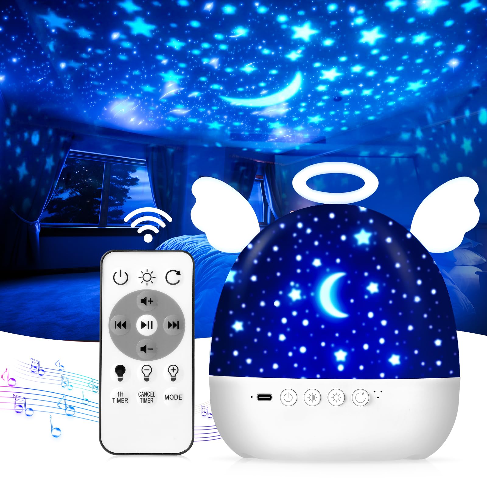 Nachtlichtprojektor Für Kinder Mit 22 Filmen Und Musik, 360° Drehbarem Sternenhimmel, Fernbedienung Zur Dekoration Des Kinderzimmers Und Einschlafhilfe Mit Beruhigenden Geräuschen.