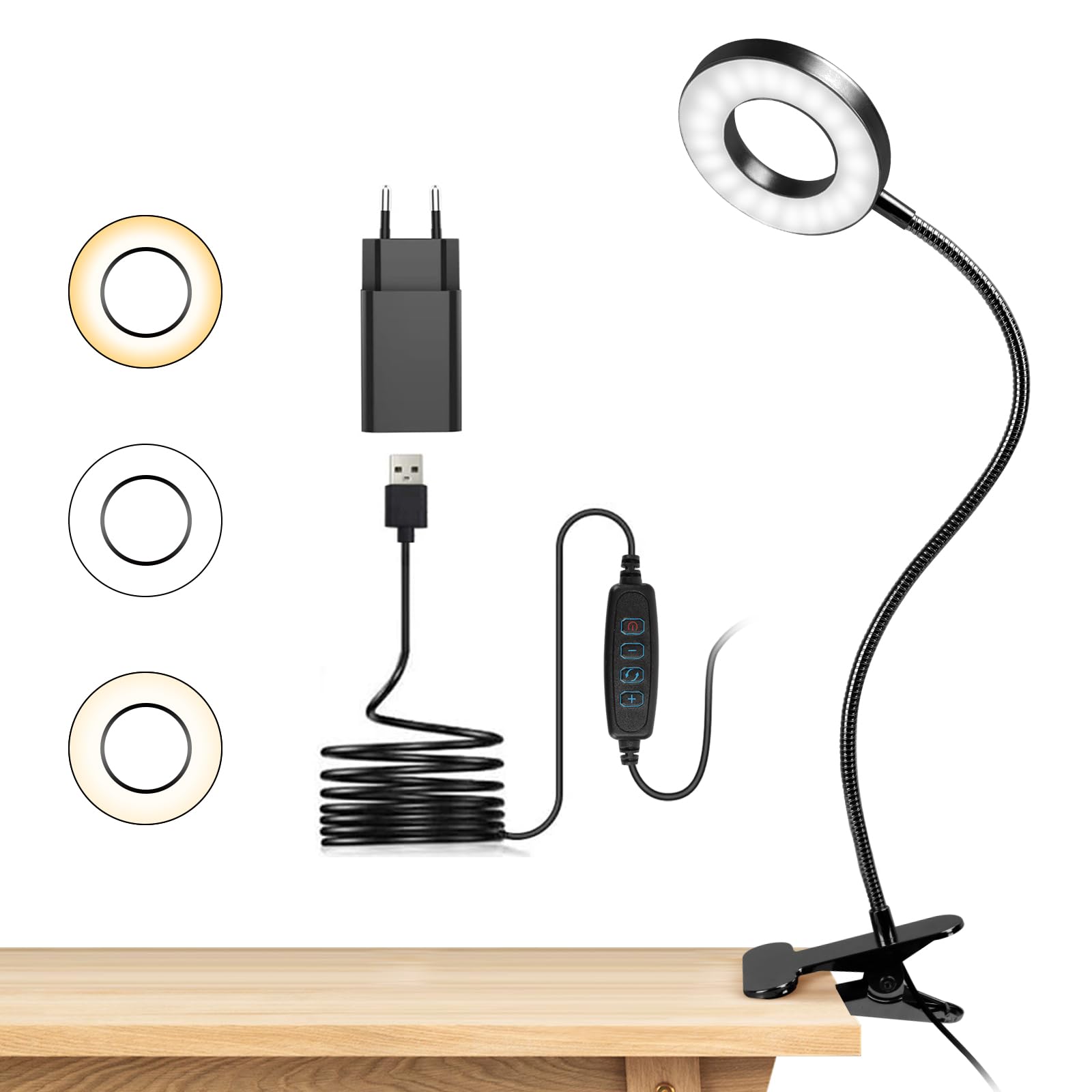 48-w-led-schreibtischlampe Mit Klemme, 360° Flexiblem Schwanenhals, 3 Beleuchtungsmodi Und 10 Helligkeitsstufen, Usb-led, Schwarz [energieklasse F]