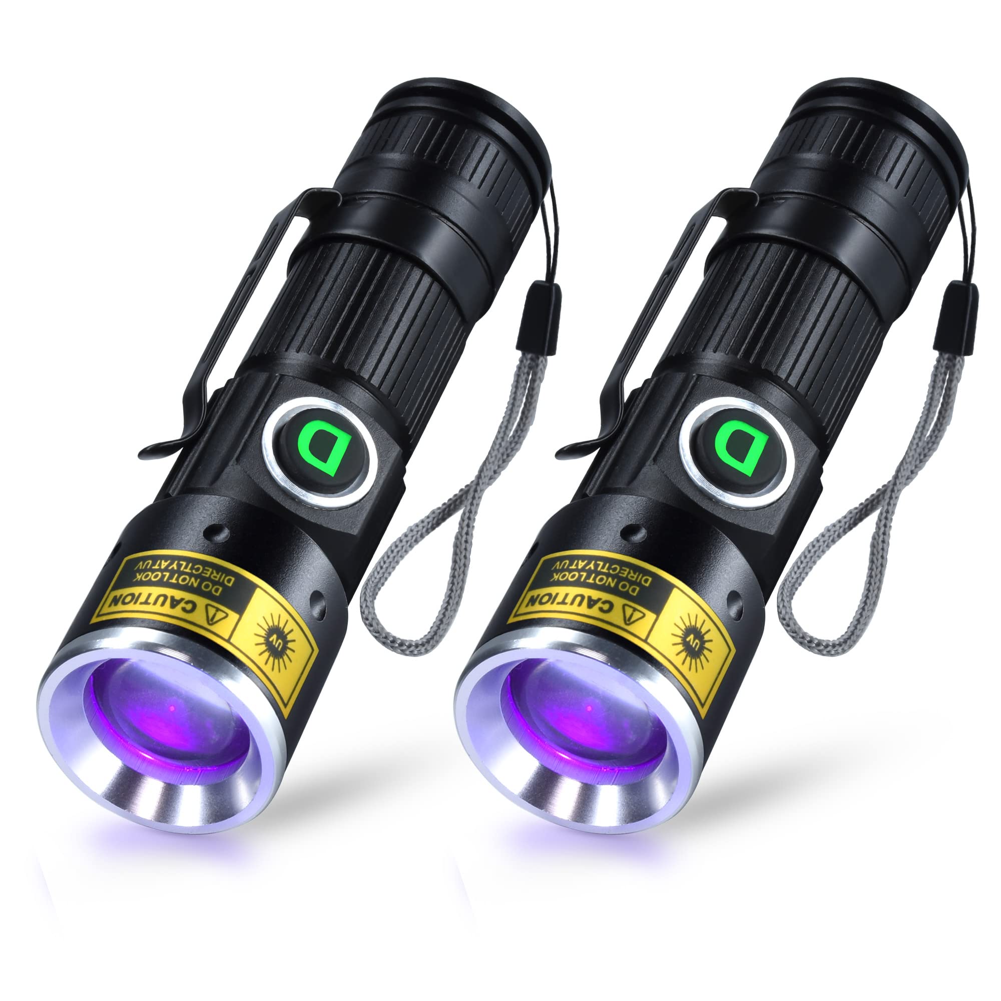 Wiederaufladbare Uv-taschenlampe Mit Usb-anschluss, 395 Nm, Mini-led-taschenlampe Mit Zoomfunktion, Fleckendetektor, 2er-pack [energieklasse A]