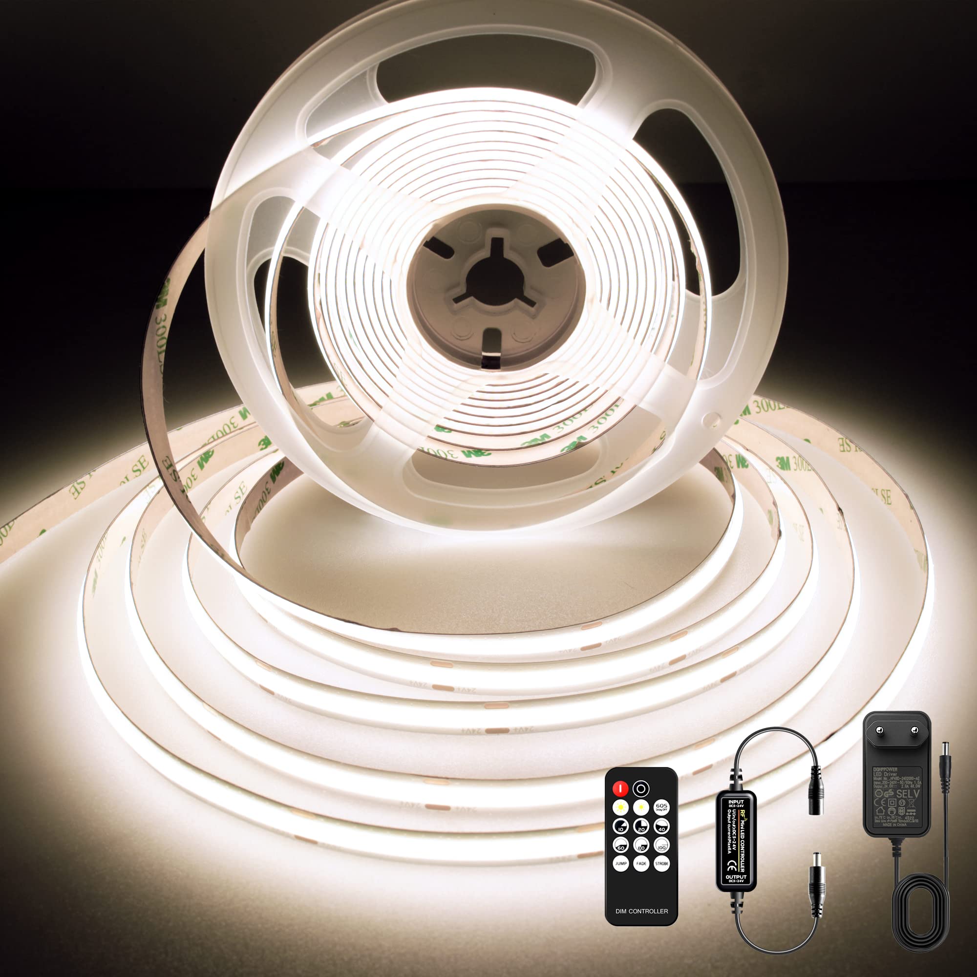 Cob-led-streifen, 5 M, 480 Leds/m, 4000 K, Dimmbar (fernbedienung Und Netzteil Im Lieferumfang Enthalten), 24 V Dc, Farbwiedergabeindex (cri) 92, 8 Mm Breit, Neutralweißes Licht, Ideal Für Die Innene