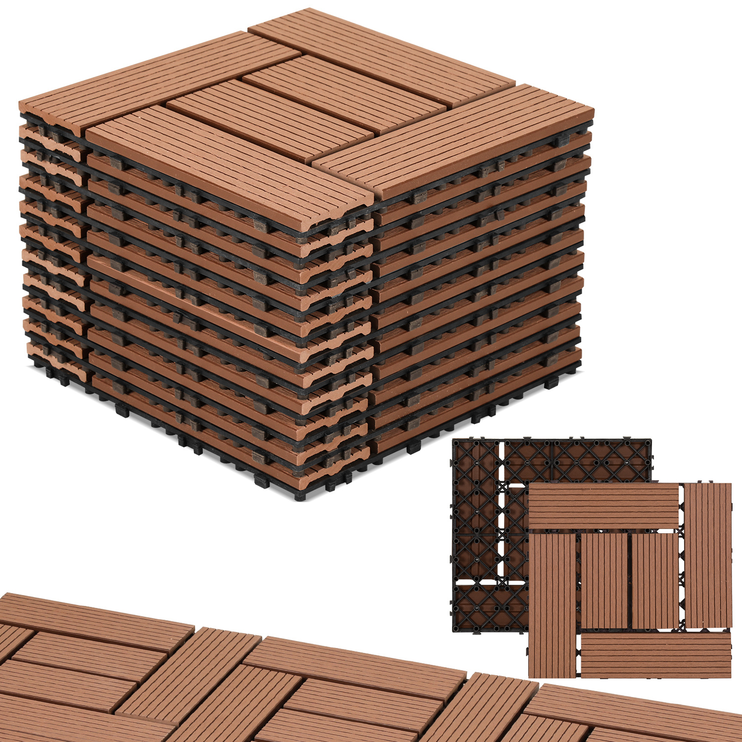 Wolketon Wpc Terrassenfliesen 110er Spar Set Für 10m², 30x30 Cm, Braun In Holzoptik, Für Garten Balkon Bodenbelag Mit Drainage Und Klicksystem
