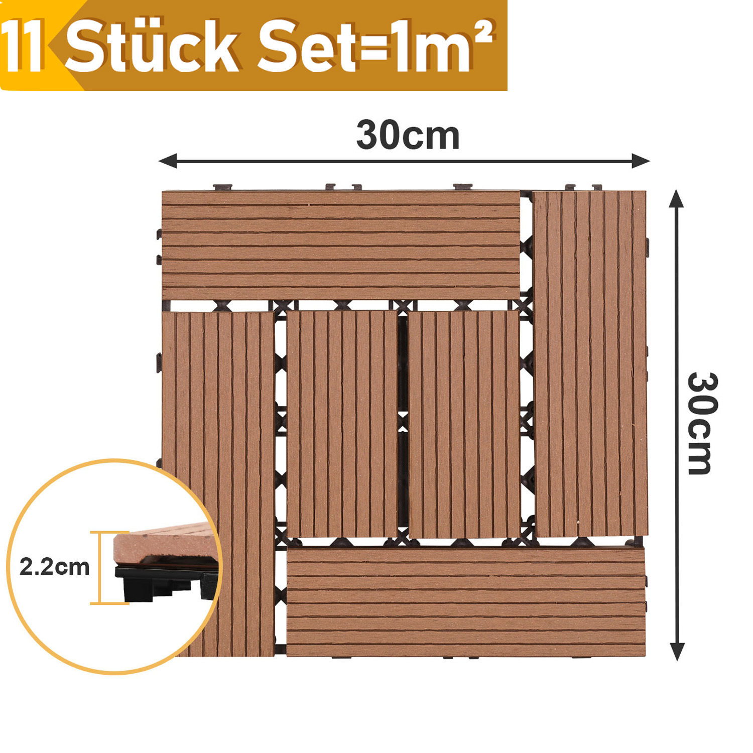 Wolketon Wpc Terrassenfliesen 88er Spar Set Für 8m², 30x30 Cm, Braun In Holzoptik, Für Garten Balkon Bodenbelag Mit Drainage Und Klicksystem