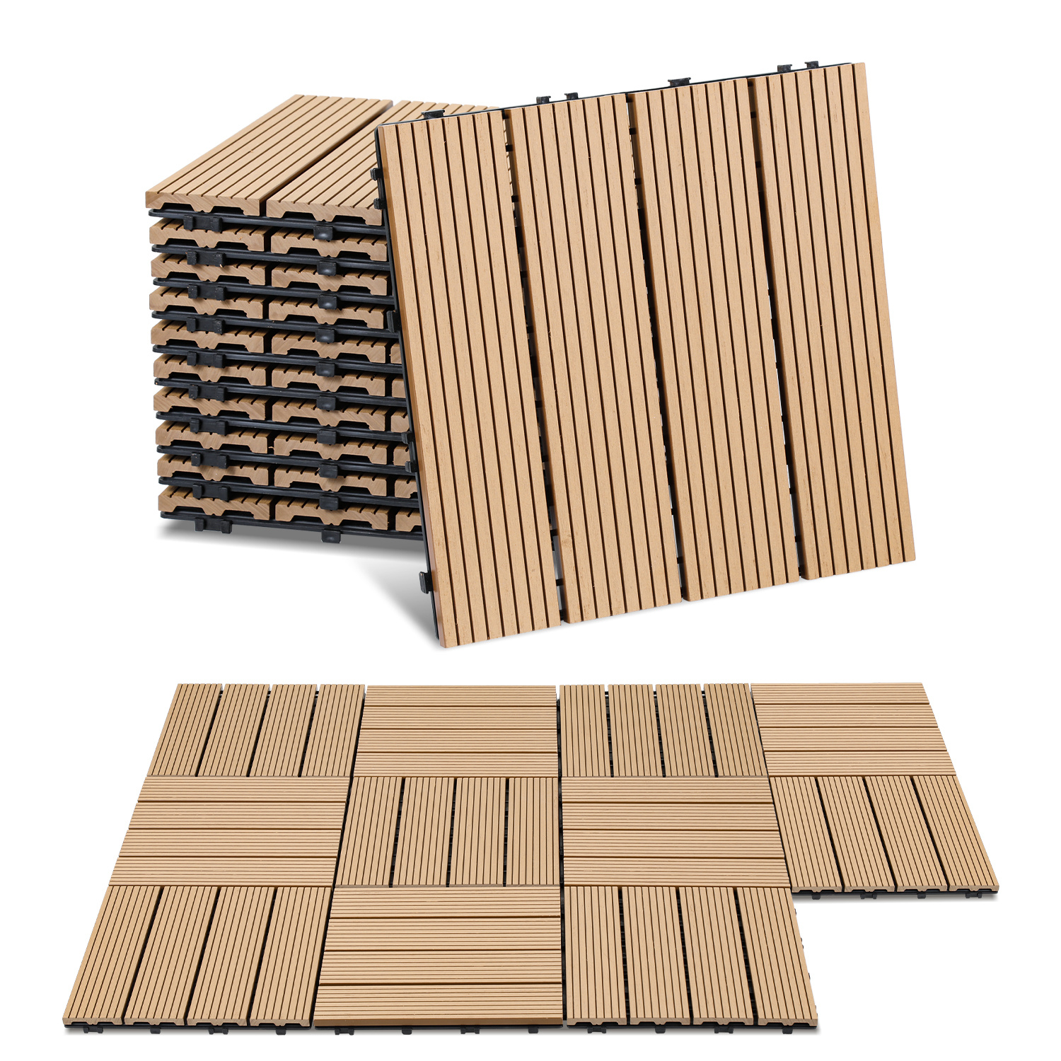 Wolketon 33pcs Wpc Terrassenfliesen Für Garten Balkon Bodenbelag 30x30cm Teak Mit Drainage Und Klicksystem