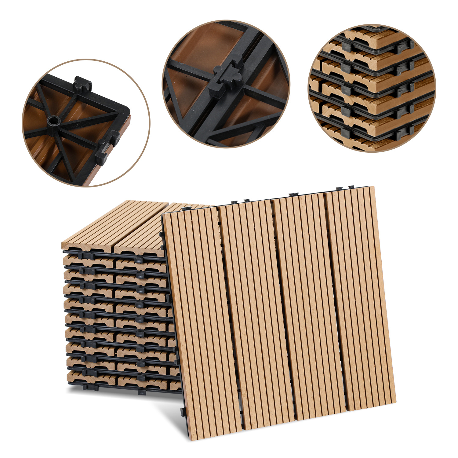 Wolketon 55pcs Wpc Terrassenfliesen Für Garten Balkon Bodenbelag 30x30cm Teak Mit Drainage Und Klicksystem