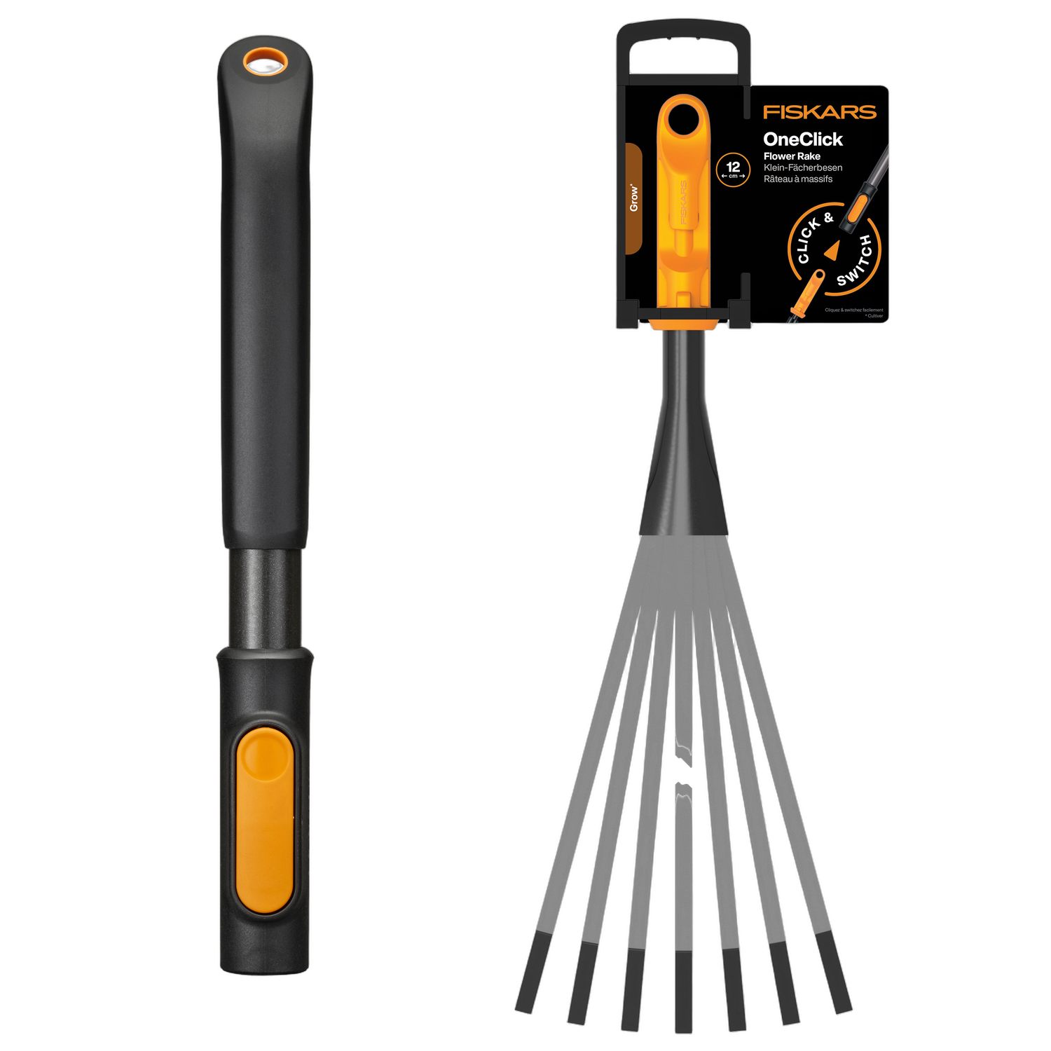 Fiskars Oneclick Blumenrechenkopf, Schmal + Kurzer Stiel, 29 Cm