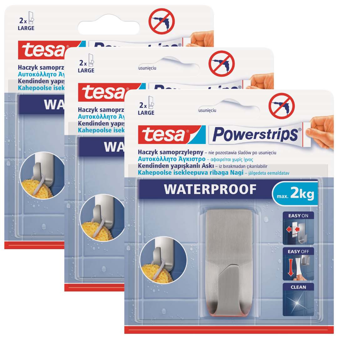 Tesa Selbstklebender Badezimmerhaken, Wasserdicht Bis 2 Kg, Metall, 3er-pack