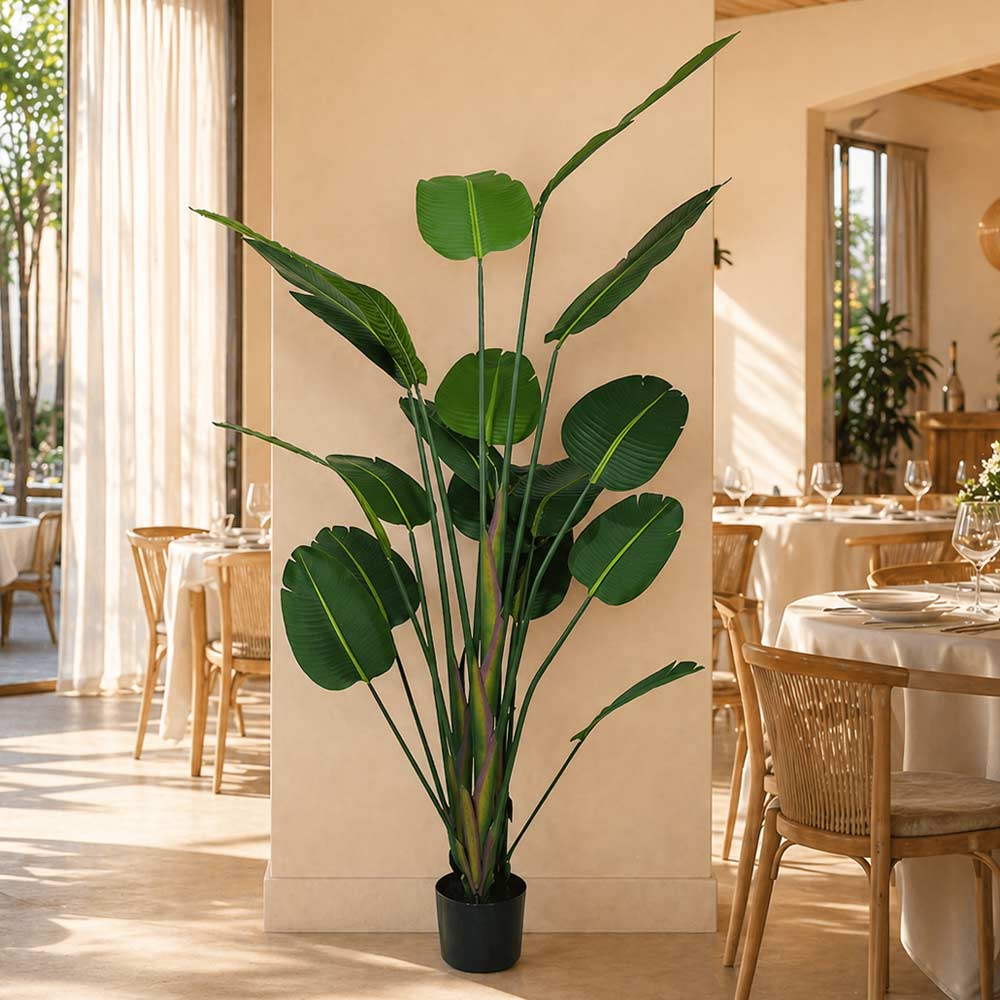 Künstliche Strelitzie Mit Vase Und Breiten Blättern, Realistisch Und Dekorativ, 180 Cm Hoch.