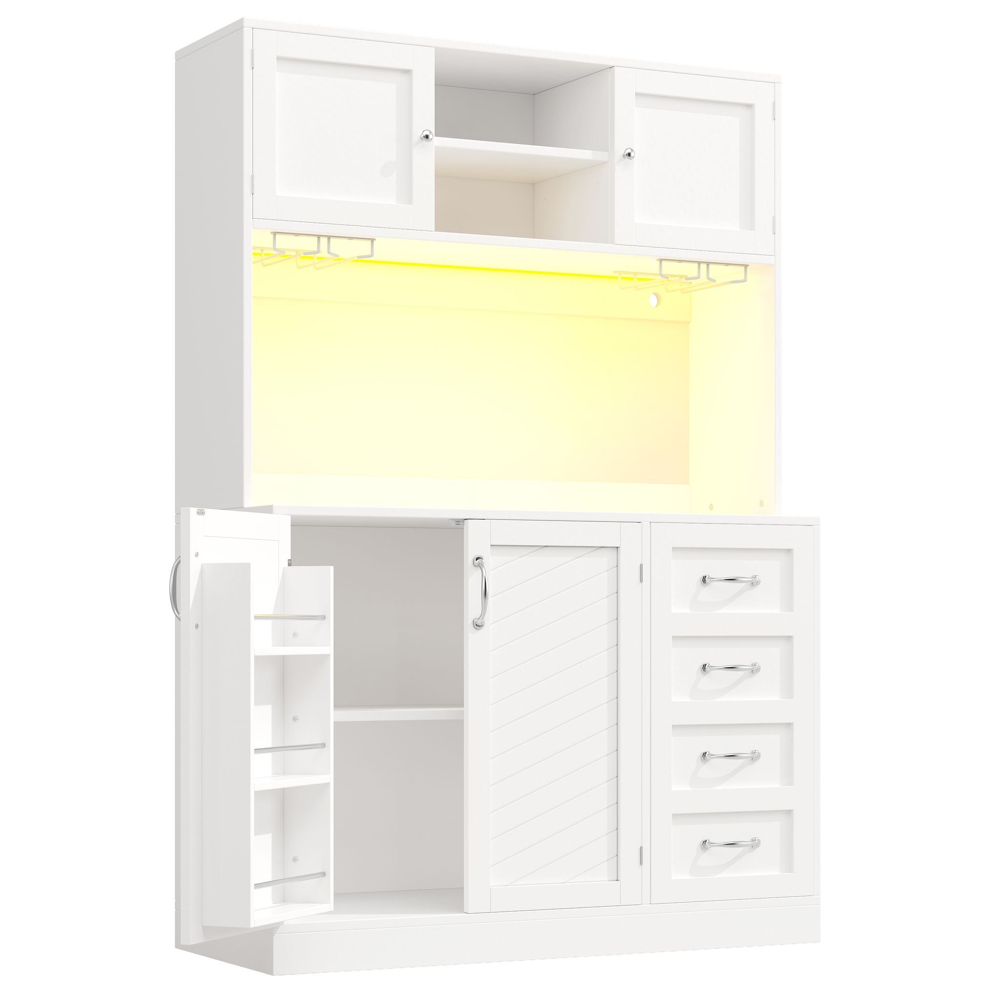 Elvmi Küchenschrank Mit 4 Türen, 2 Schubladen, Getränkehaltern Und Led Für Esszimmer Aus Mdf, Weiß, 120 X 40 X 188 Cm