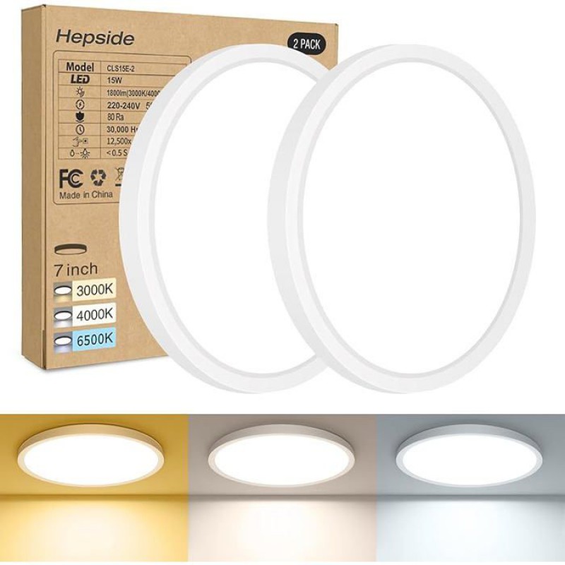 Set Mit 2 Led-deckenleuchten Für Badezimmer, 15 W, 3000 K/4500 K/6000 K Wählbar, Modernes, Sehr Schlankes, Weißes Licht.
