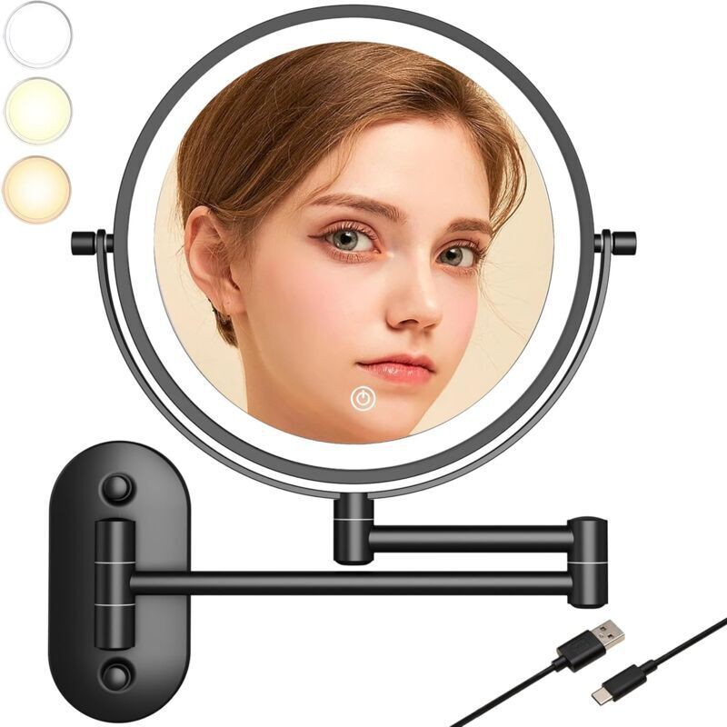 8-zoll-leuchtvergrößerungsspiegel Mit Led, Wandmontage, 10-fache Vergrößerung, Für Hotel-schminktische, Badezimmer Und Rasierbereich, Usb-aufladbar, Badezimmer-wandspiegel (schwarz-10x)
