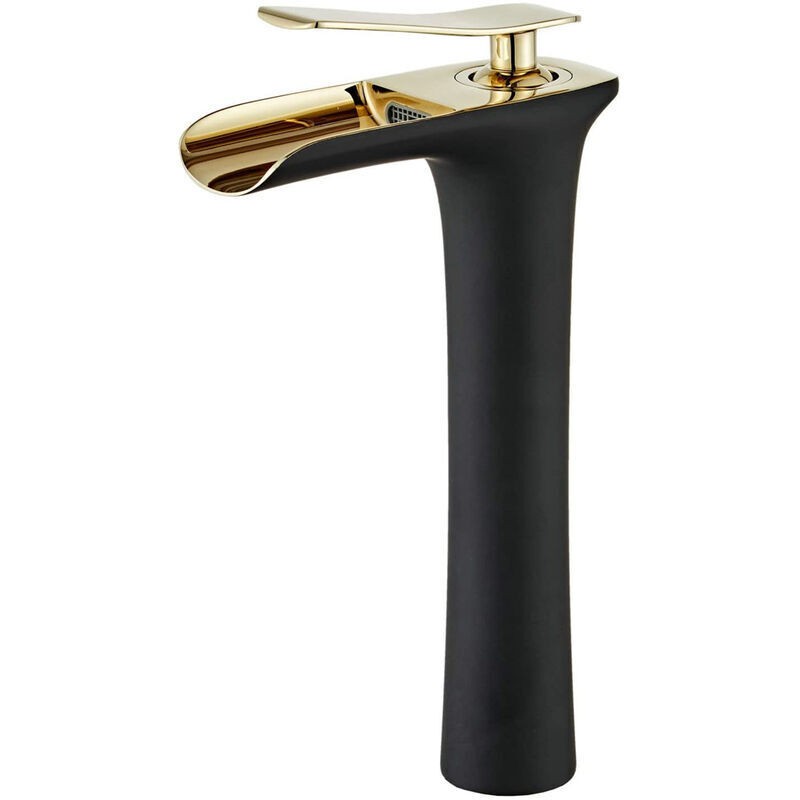 Ulisem Moderne Wasserfall-waschtischarmatur – Einhebel-waschtischmischer Mit Warm- Und Kaltwasserregelung – Schwarz Und Gold