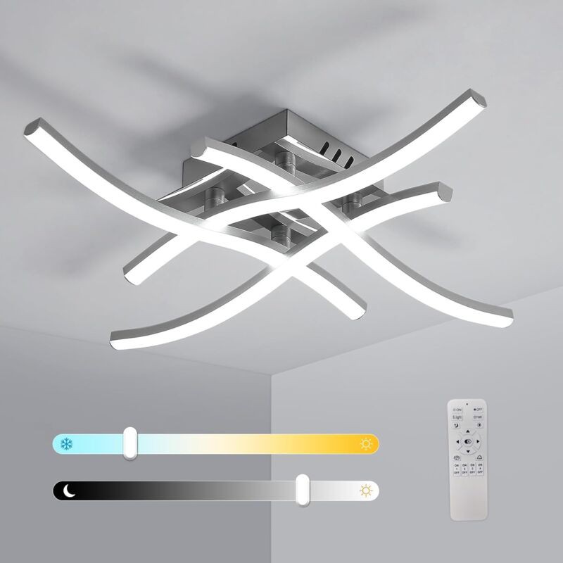 Pheashine Led-deckenleuchte Mit Fernbedienung, 28 W, Dimmbare Led-deckenleuchte Für Wohnzimmer, 3000 K–6500 K Einstellbar, Moderne Gebogene Chrom-led-deckenleuchte, 4 Leuchten, Für Schlafzimmer, Küche