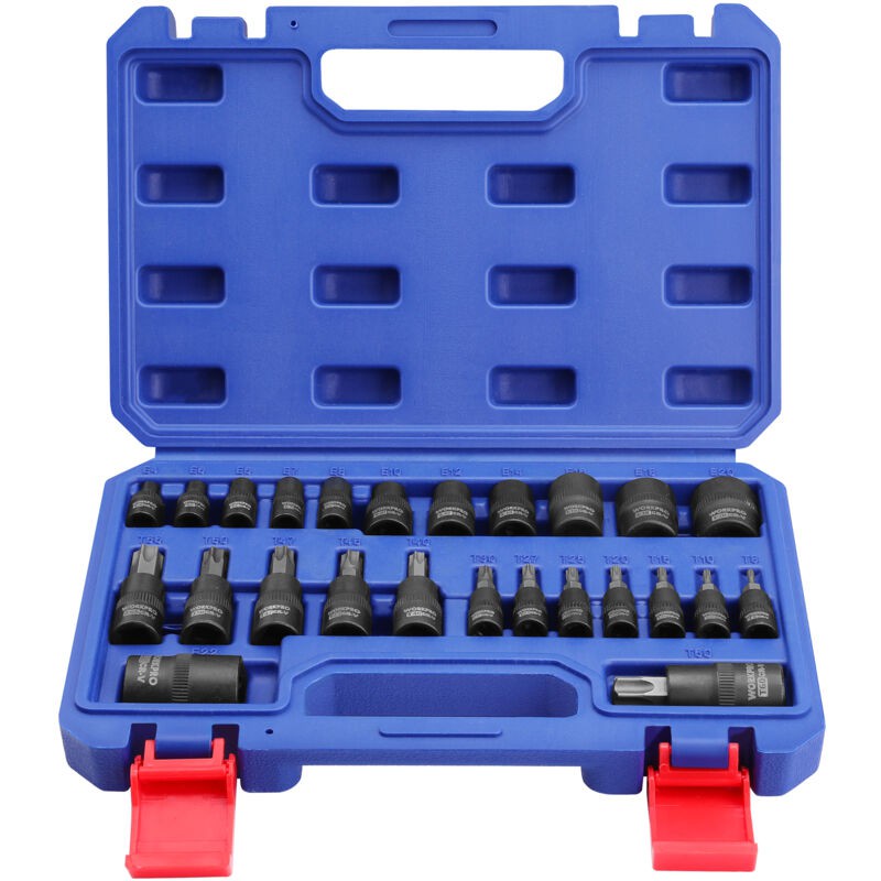25-teiliger Torx-steckschlüsselsatz, Innen- Und Außentorx 1/4", 3/8" Und 1/2", Aus S2-stahl (chrom-vanadium-stahl), Mit Aufbewahrungsbox