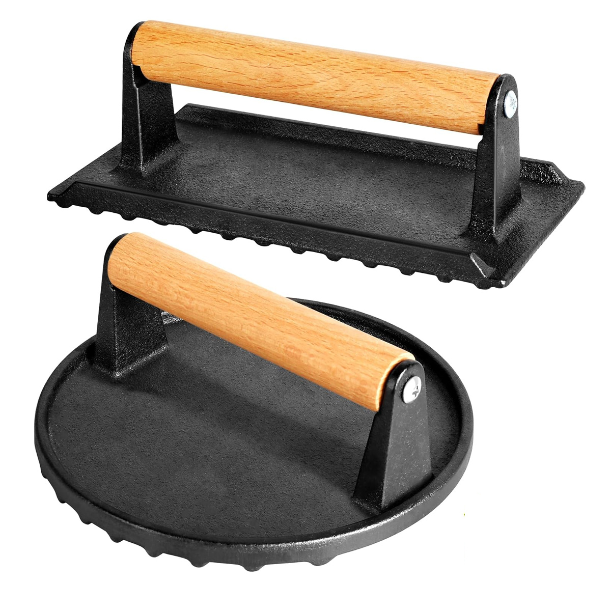 Hamburgerpresse Aus Gusseisen – 2er-set – Mit Holzgriff – Antihaftbeschichtet – Für Steak Und Speck – 1 Kg