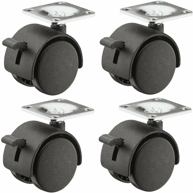 4x 30mm Doppellenkrollen Mit Bremsen Für Möbel, 20kg Tragfähigkeit Pro Rad, Mit Stahlfuß, Für Sessel, Tische, Stühle, Wagen Und Abfallbehälter.