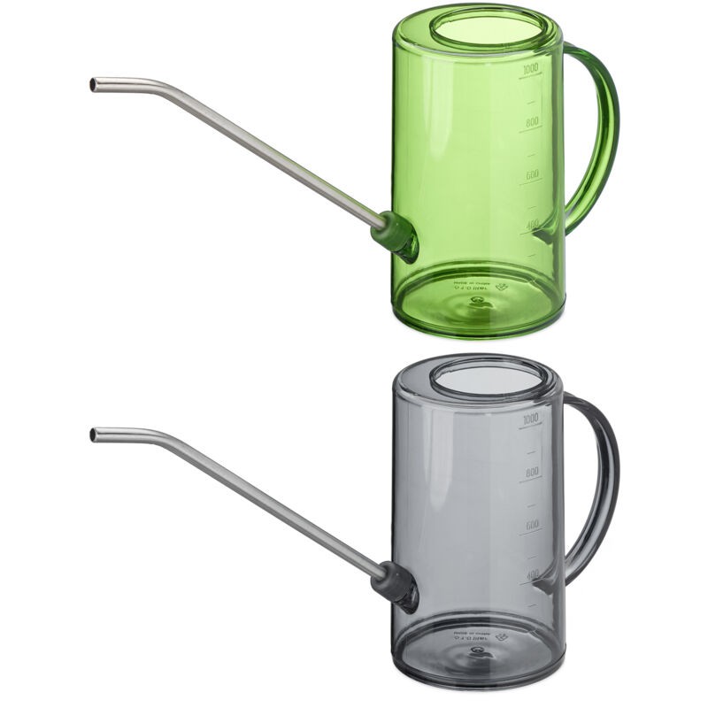 Relaxdays Gießkanne Für Zimmerpflanzen, 2er-set, 1 Liter, Kunststoff, Edelstahl, Für Ihre Grünen Schätze, Langer Ausguss, Graugrün