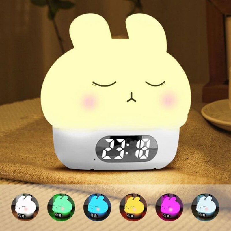 Leuchtender Kinderwecker - Mhy® - Hasen-nachtlicht - Digitaluhr - Doppelalarm - Schlummerfunktion - 9 Farbmodi