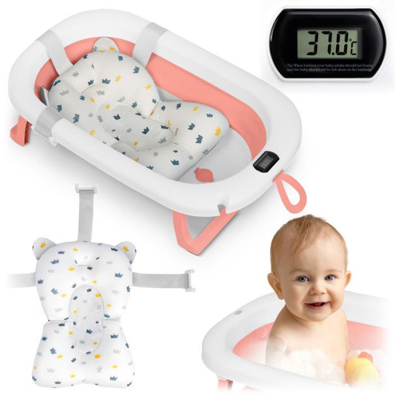 Faltbare Babybadewanne – Integriertes Thermometer – Neugeboreneneinsatz – Weiß Und Rosa – Faltbar Und Leicht