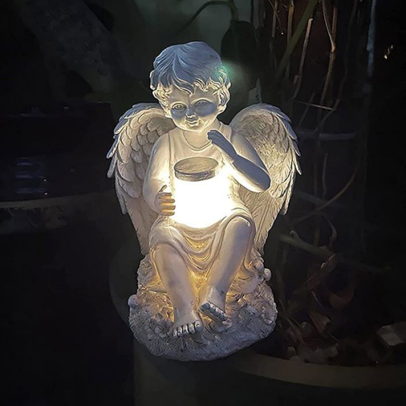 Solar-engelstatue Aus Kunstharz, Gedenkfigur Für Garten Und Friedhof