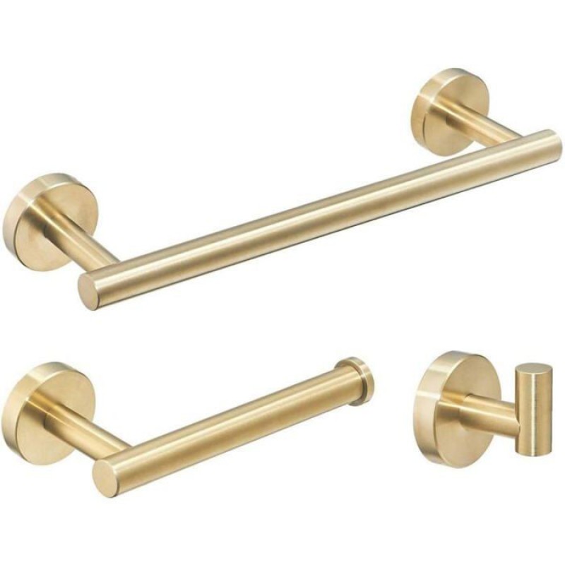 3-teiliges Badezimmer-accessoire-set 30 Cm – Handtuchhalter, Toilettenpapierhalter, Haken – Gebürstetes Gold