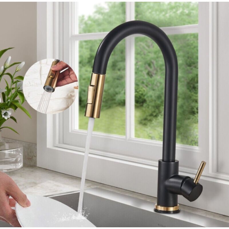 Onyzpily Rubinetto Cucina Girevole,nero Rubinetti Per Lavello Monocomando In Acciaio Inox Con Maniglia Singola E Fredda Per Lavello Cucina Rubinetto Alto Lavabo(nero,oro Spazzolato)