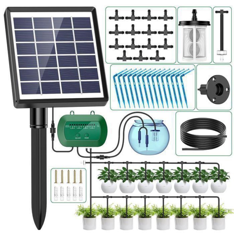 Anseto Solar-tropfbewässerungsset – Split-design – Zeitschaltuhr – Einstellbare Durchflussrate – Intelligenter Alarm – 15 M Schlauch