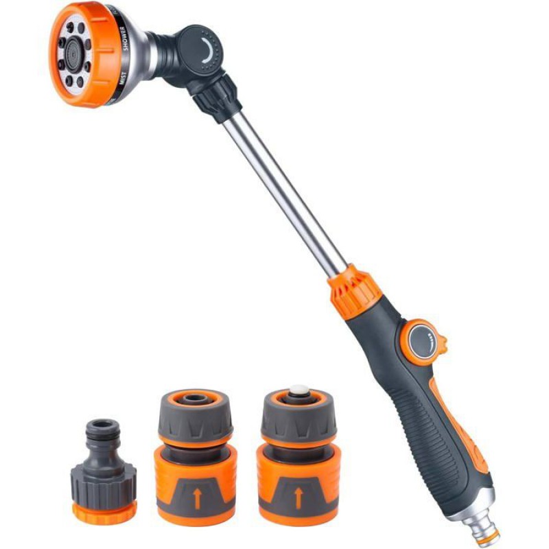Verstellbare Gießpistole – 8 Bewässerungsmodi – 47 Cm – Orange – Rutschfester Griff – 180° Drehbare Düse
