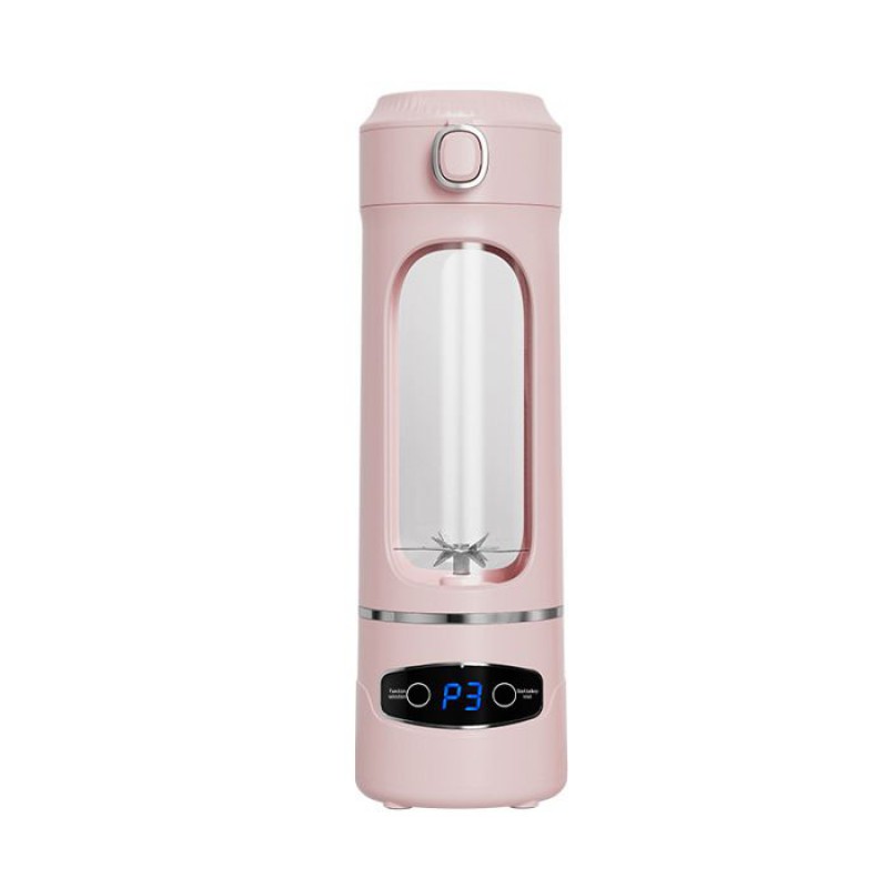 Dieser Pinkfarbene Elektrische Zitrusentsafter Verfügt Über 12 Klingen, Eine Eiscrush-funktion Und Ein Tragbares Usb-ladegerät.