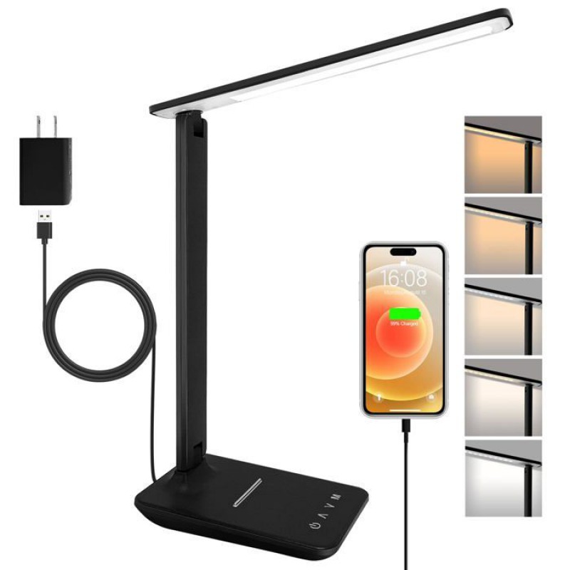 Led-schreibtischlampe Mit Netzteil, Faltbar Und Dimmbar Mit 5 Farbmodi Und 5 Helligkeitsstufen, Usb-ladeanschluss (schwarz)