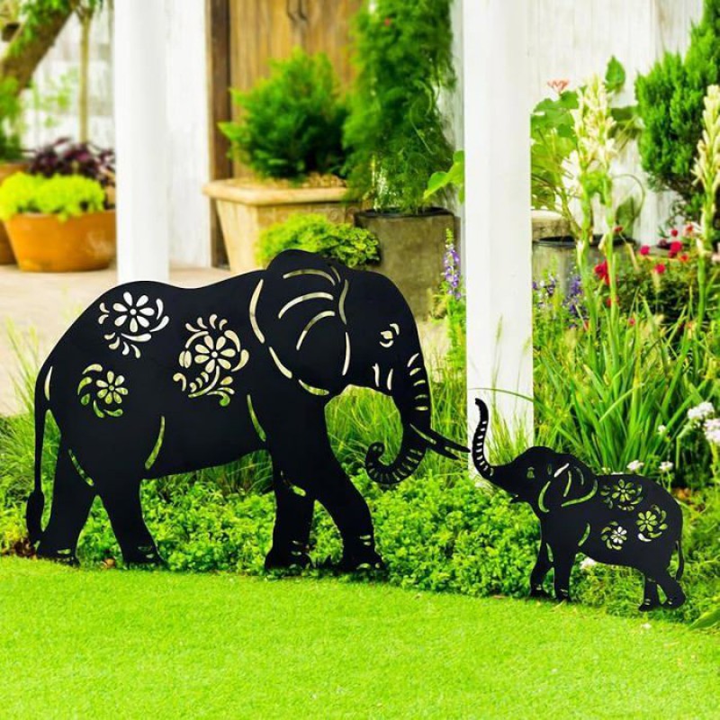 Set Mit 2 Dekorativen Elefanten-gartensteckern Aus Metall Für Hof, Garten, Rasen, Außendekoration, Schwarze Statue