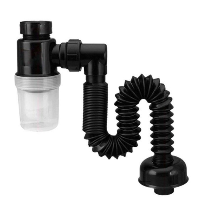 Spülbeckensiphon - Schwarz - Universal - Einziehbarer Geruchsneutralisator - Kunststoff - Pvc.