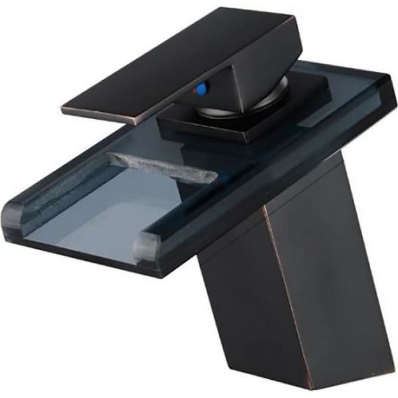 Ideko® Waschtischarmatur Mit Wasserfall-design Aus Schwarzem Glas (ohne Led) & Flexibler Schlauch