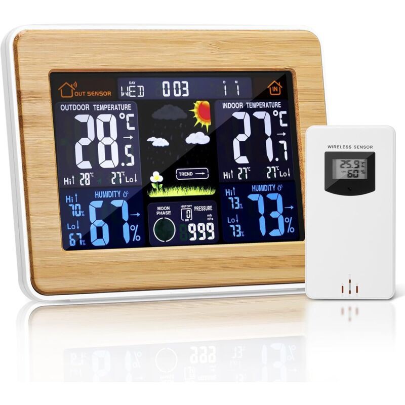 Digitale Wetterstation Mit Drahtlosem Außensensor – Mit Anzeige Von Uhrzeit, Datum, Temperatur, Luftfeuchtigkeit, Barometer, Alarm, Mondphasenanzeige Und Multifunktionsthermometer (schwarz)…