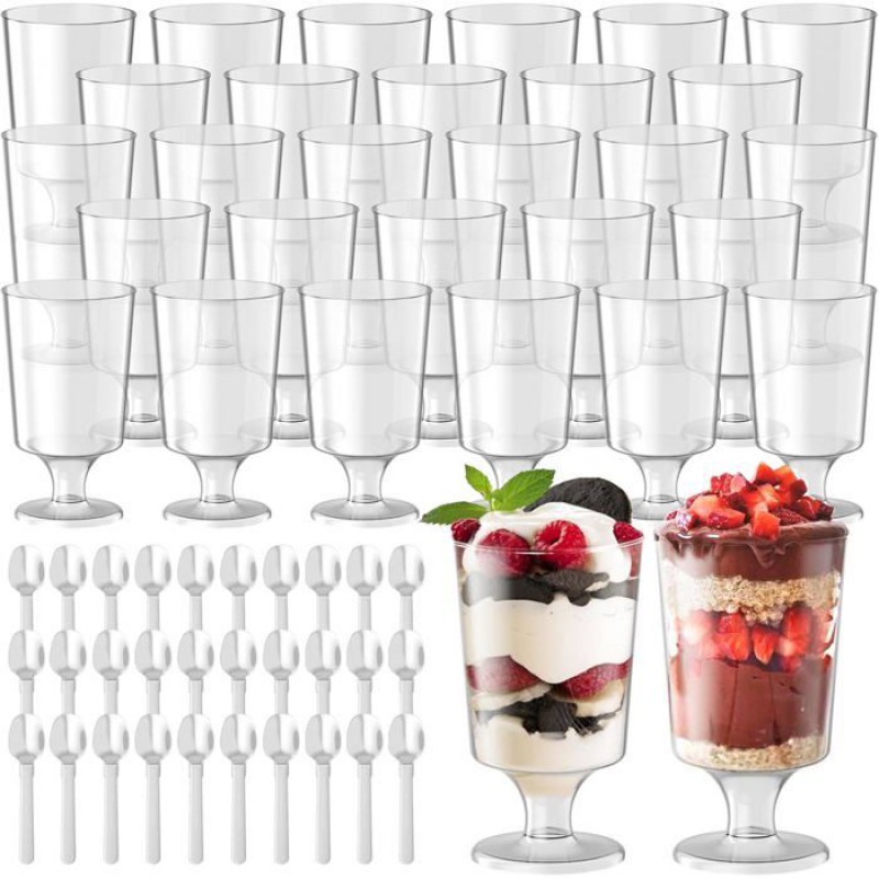Set Mit 30 Dessertgläsern, Ps-kunststoff, 120 Ml, Transparent, Rund, Wiederverwendbar, Inklusive Löffel, Für Hochzeiten Und Partys.