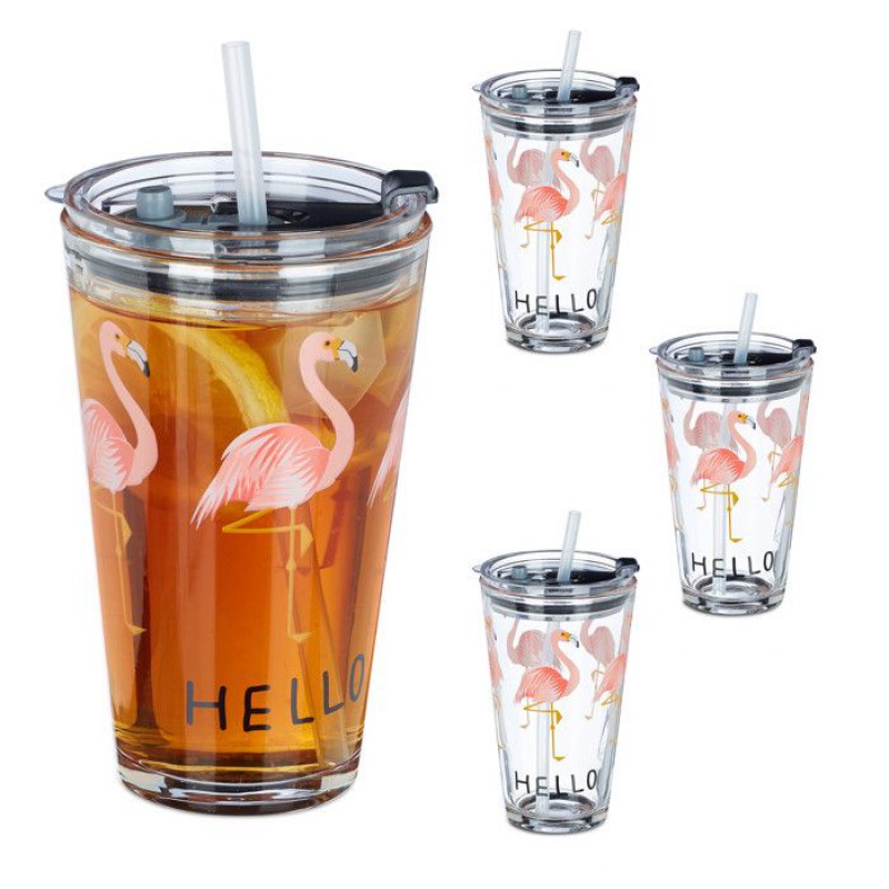 Relaxdays Glas Mit Strohhalm Und Deckel, 4er-set, Flamingo-design, 450 Ml, Spülmaschinenfest, Transparent