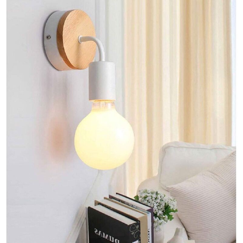 Moderne Wandleuchte Aus Schmiedeeisen Und Holz, Vintage-stehleuchte E27 40w, Wandleuchte, Leselampe, Nachttischlampe Fürs Schlafzimmer (weiß)