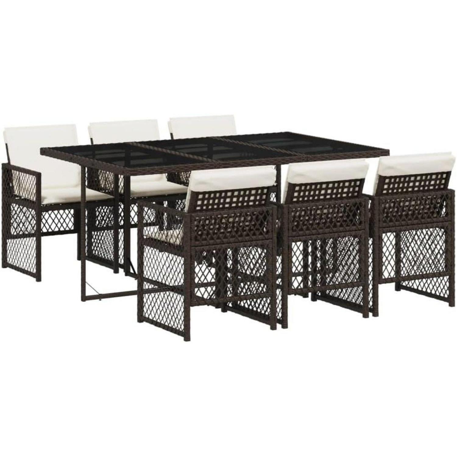 Essgruppe Garten 7tlg Tisch 6 Stühle Poly Rattan Glas Braun Und Creme