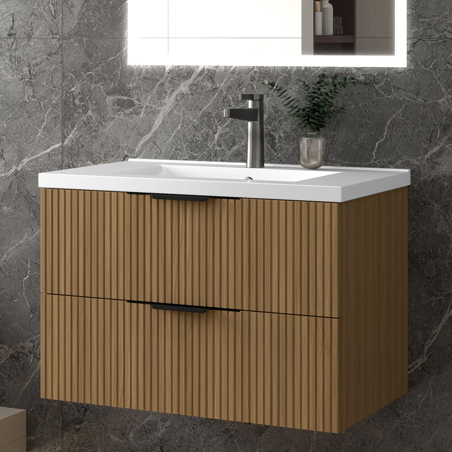 Unterschrank Mit Waschbecken Waschbeckenunterschrank, Walnussfarbe Badezimmerschrank, 2 Schubladen, 80x44.5x52cm, Typ A-keramik Waschbecken, Sanfter Schluss, Badschrank