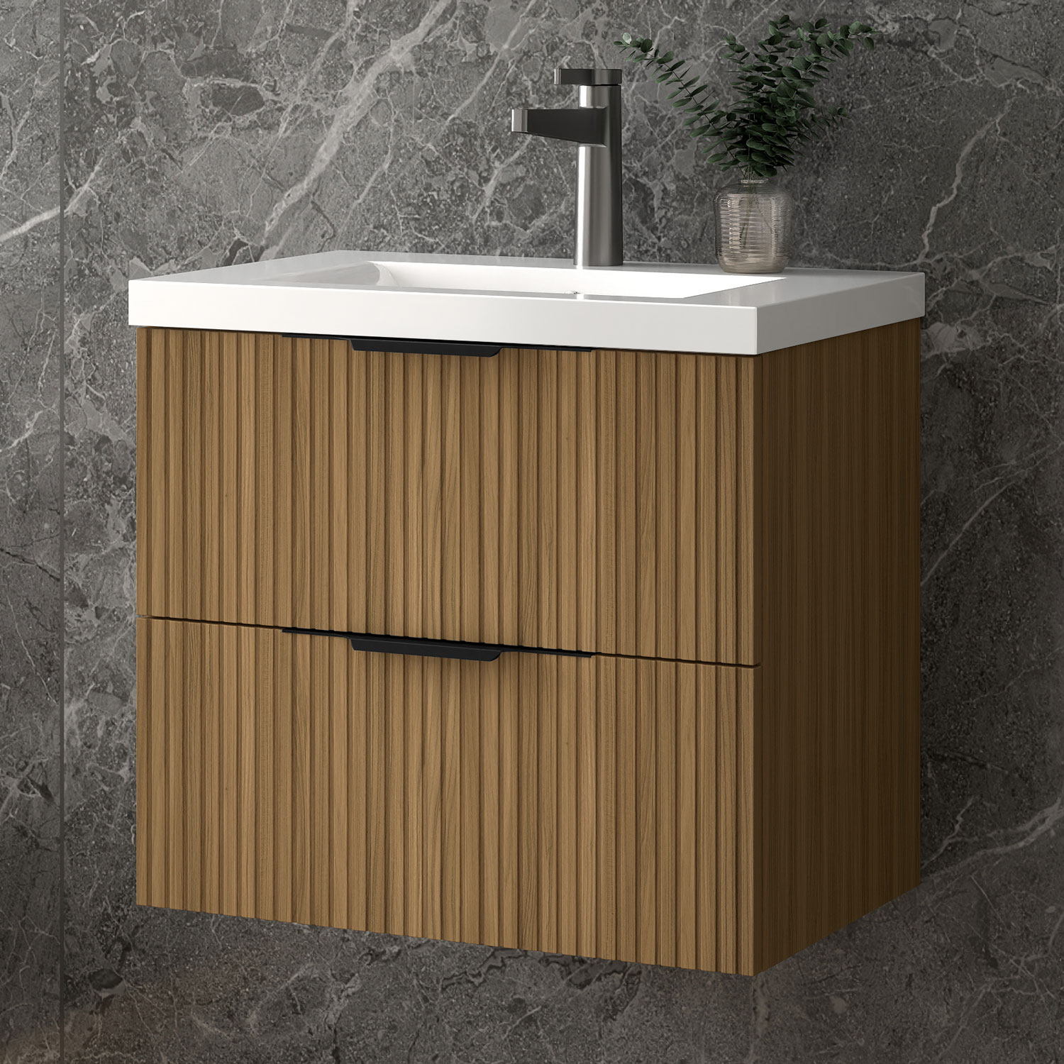 Unterschrank Mit Waschbecken Waschbeckenunterschrank, Walnussfarbe Badezimmerschrank, 2 Schubladen, 50x37x52cm, Typ A-keramik Waschbecken, Sanfter Schluss, Badschrank