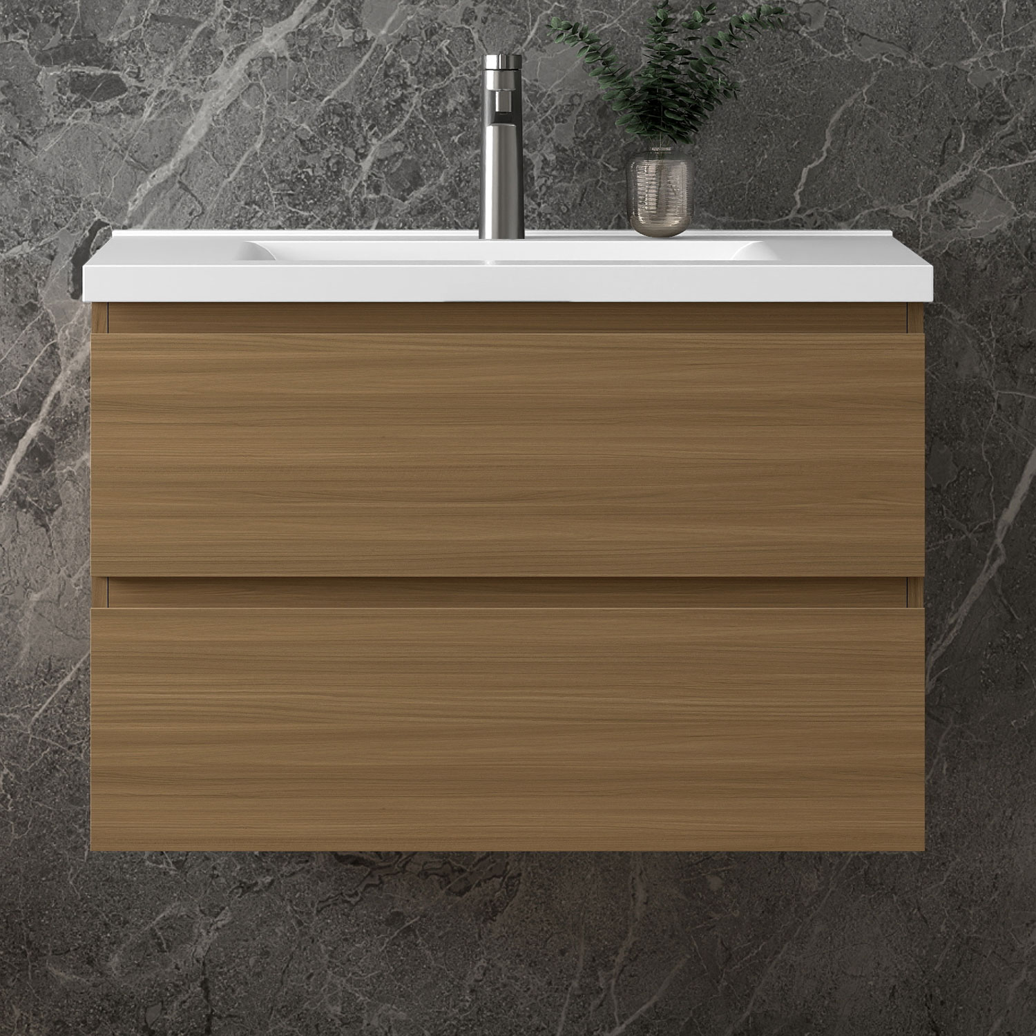 Waschbeckenunterschrank, Walnussfarbe Badezimmerschrank, 2 Schubladen, Unterschrank Mit Waschbecken80x44.5x52cm, Typ A-keramik Waschbecken, Sanfter Schluss, Badschrank, Unterschrank Mit Waschbecken