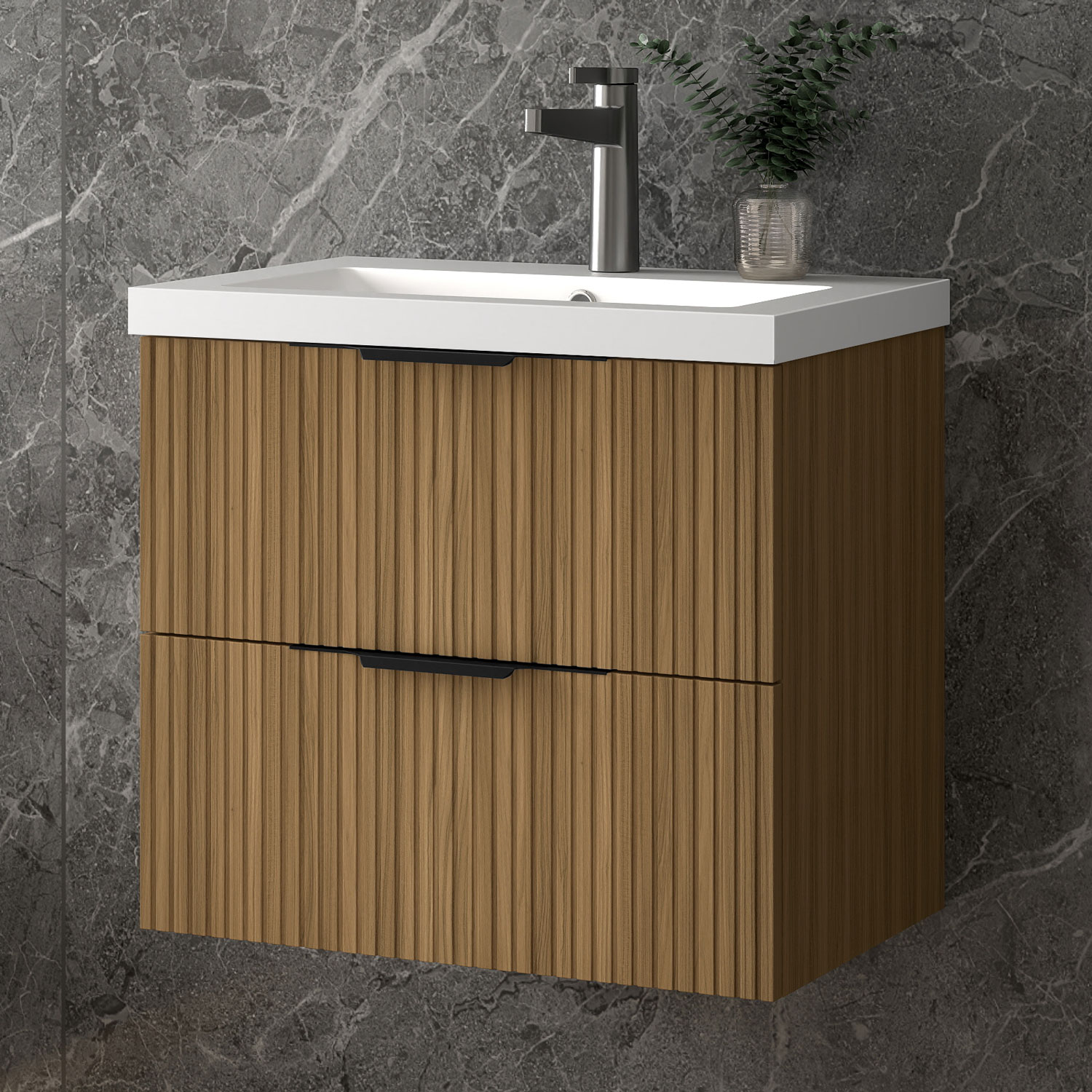 Unterschrank Mit Waschbecken Waschbeckenunterschrank, Walnussfarbe Badezimmerschrank, 2 Schubladen, 50x37x52cm, Typ C-kunststein Waschbecken, Sanfter Schluss, Badschrank