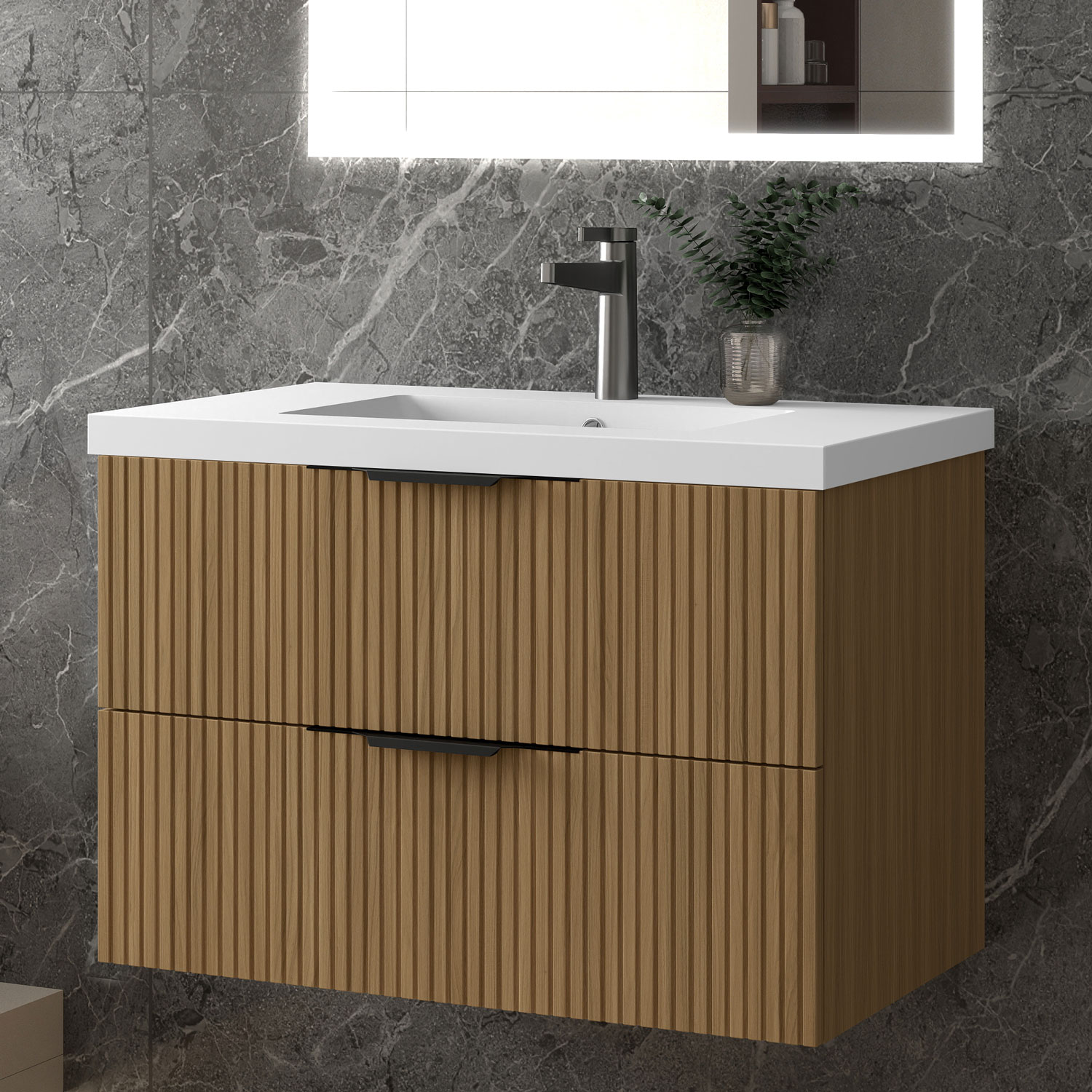 Unterschrank Mit Waschbecken Waschbeckenunterschrank, Walnussfarbe Badezimmerschrank, 2 Schubladen, 80x44.5x52cm, Typ C-kunststein Waschbecken, Sanfter Schluss, Badschrank