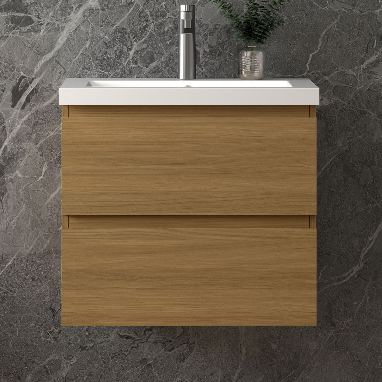 Waschbeckenunterschrank, Walnussfarbe Badezimmerschrank, 2 Schubladen, Unterschrank Mit Waschbecken60x37x52cm, Typ C-kunststein Waschbecken, Sanfter Schluss, Badschrank, Unterschrank Mit Waschbecken