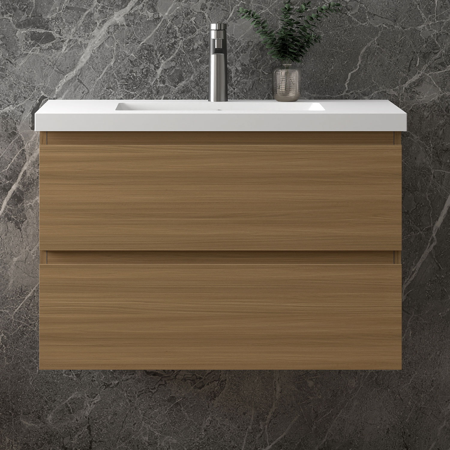 Waschbeckenunterschrank, Walnussfarbe Badezimmerschrank, 2 Schubladen, Unterschrank Mit Waschbecken100x44.5x52cm, Typ C-kunststein Waschbecken, Sanfter Schluss, Badschrank, Unterschrank Mit Waschbecke
