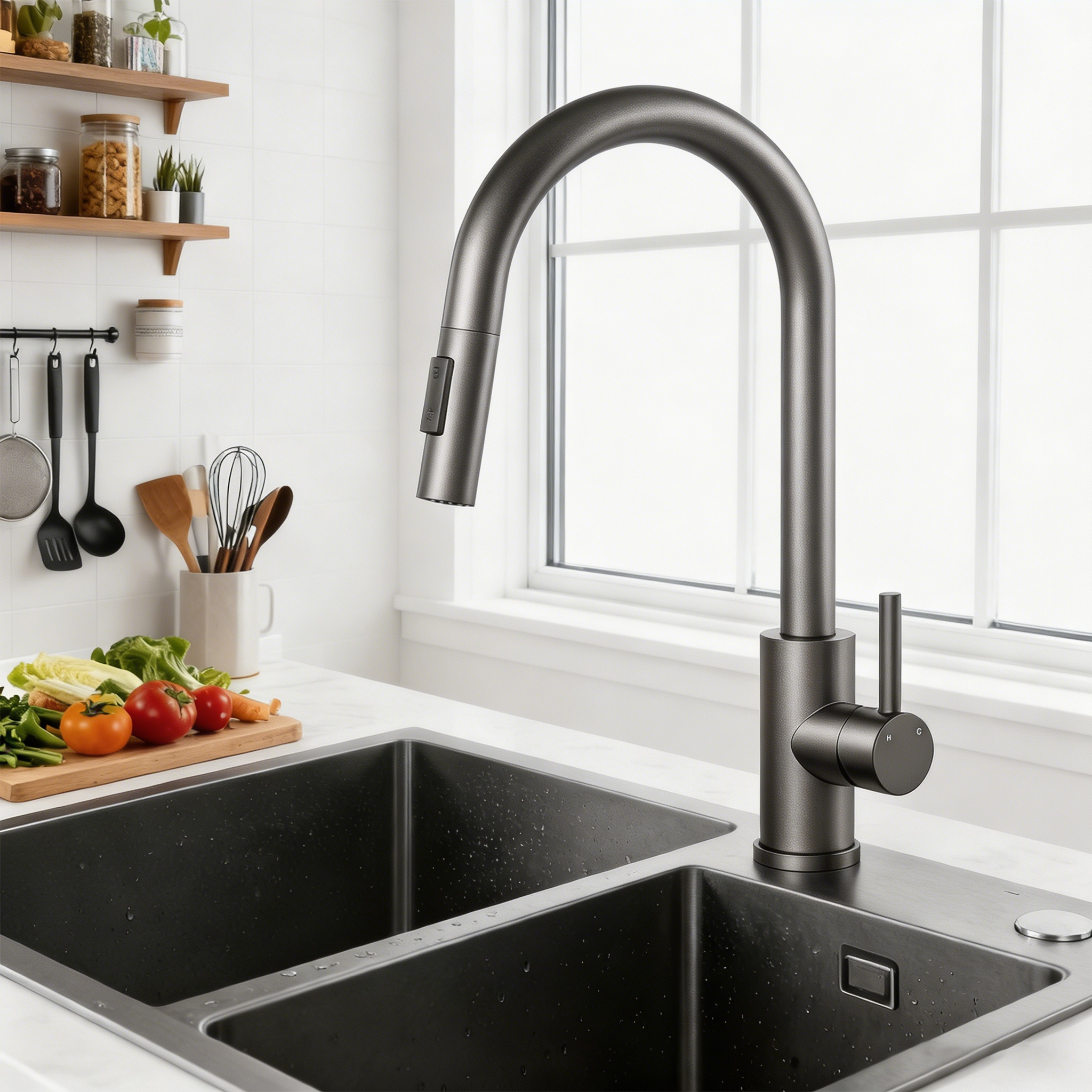 Aica Küchenarmatur Mit 2 Wasserauslassmodi Ausziehbarer Brause 363° Drehbar Kalt Warmwasser Einstellbar Edelstahl Armatur Gunmetal Grey