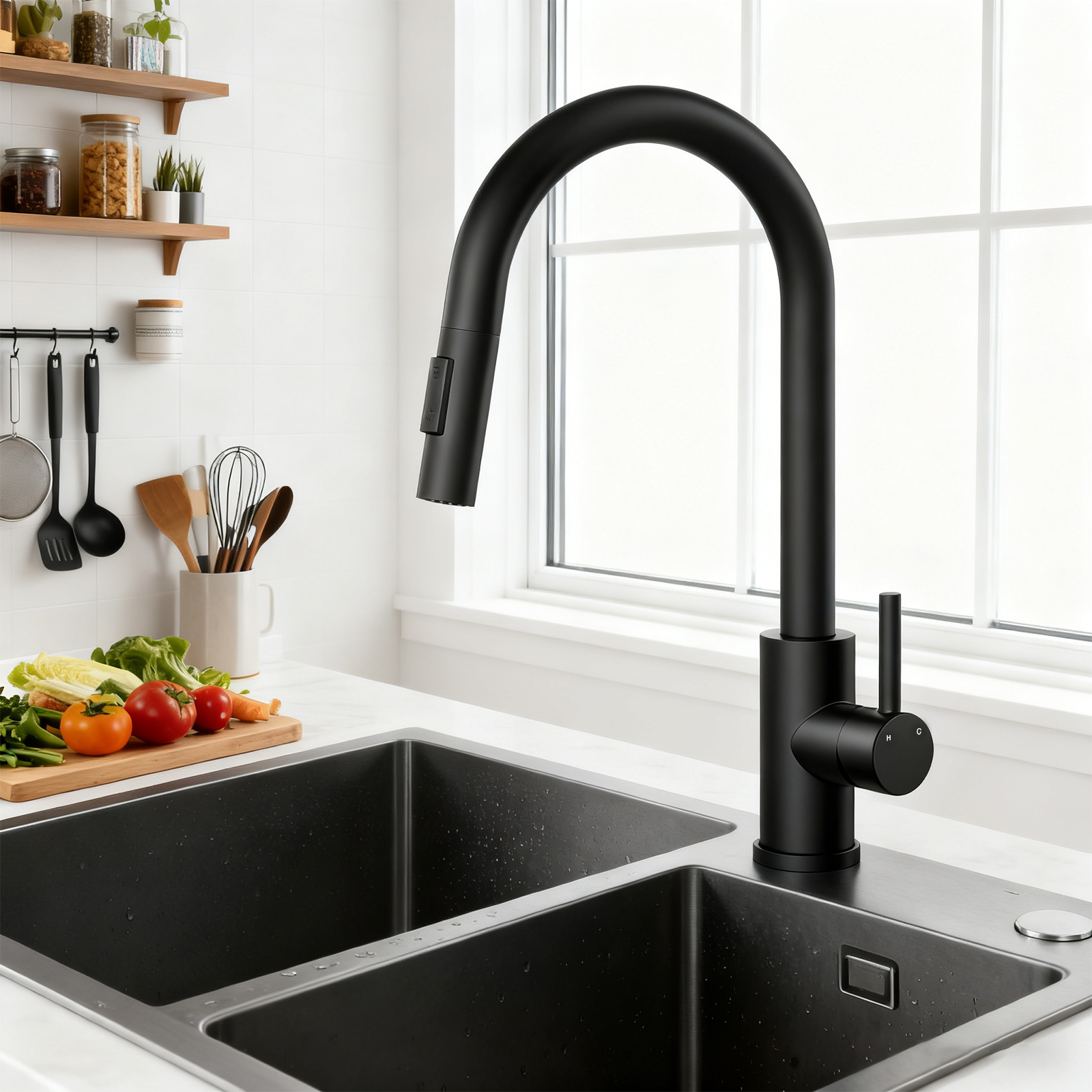 Aica Küchenarmatur Mit 2 Wasserauslassmodi Ausziehbarer Brause 361° Drehbar Kalt Warmwasser Einstellbar Edelstahl Armatur Schwarz