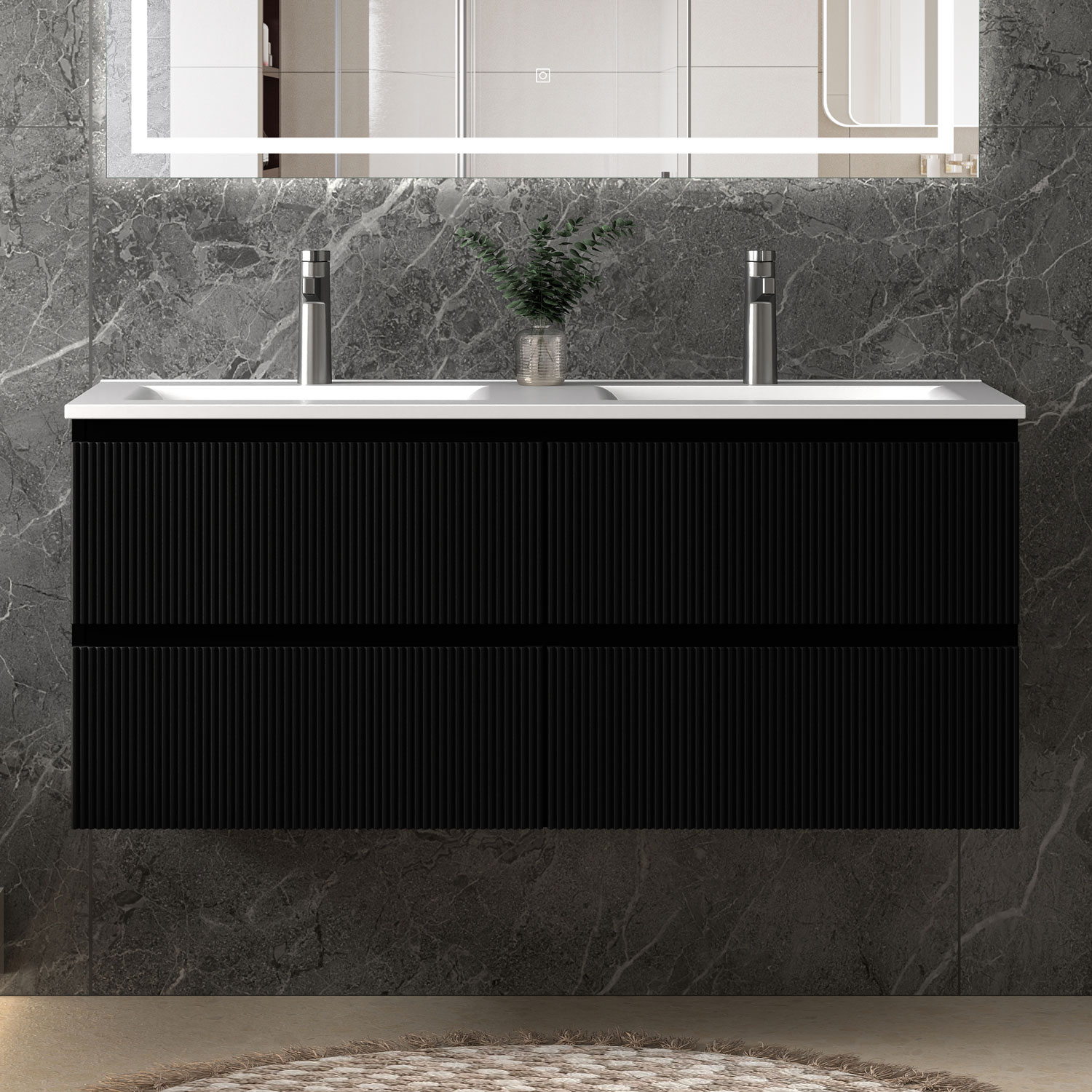 Waschbeckenunterschrank, Badezimmerschrank, 4 Schubladen, 120x44.5x52cm, Typ A-keramik Waschbecken, Schwarz, Sanfter Schluss, Badschrank, Unterschrank Mit Waschbecken