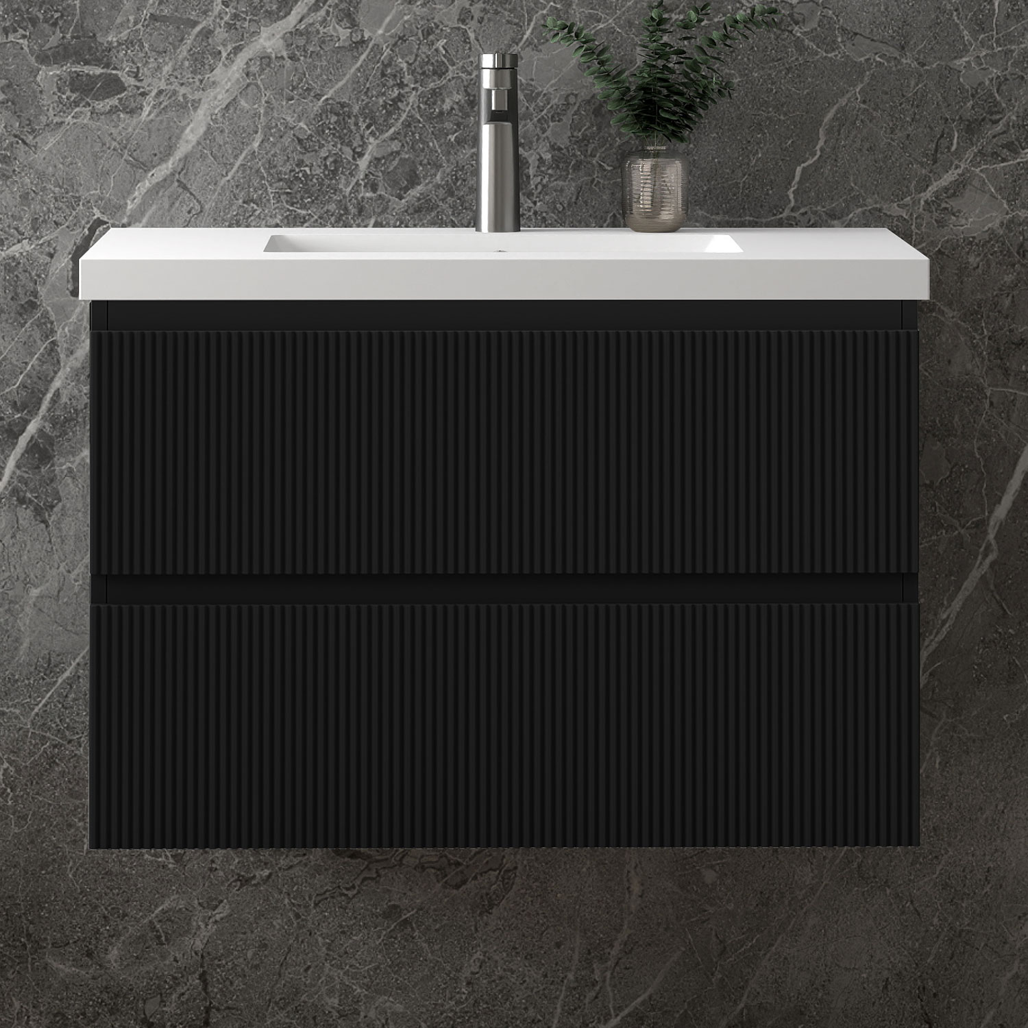 Waschbeckenunterschrank, Badezimmerschrank, 2 Schubladen, 80x44.5x52cm, Typ C-kunststein Waschbecken, Schwarz, Sanfter Schluss, Badschrank, Unterschrank Mit Waschbecken