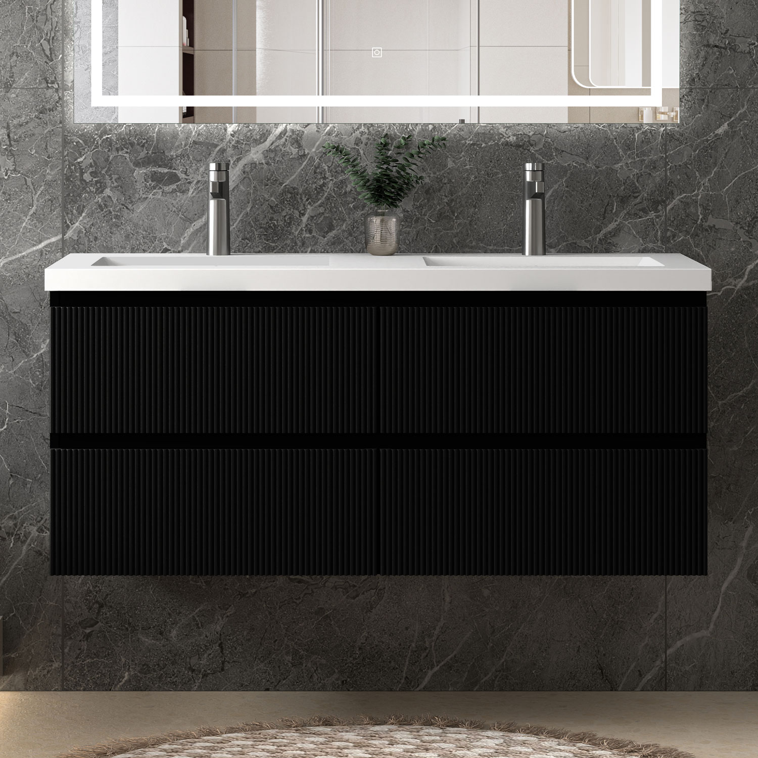Waschbeckenunterschrank, Badezimmerschrank, 4 Schubladen, 120x44.5x52cm, Typ C-kunststein Waschbecken, Schwarz, Sanfter Schluss, Badschrank, Unterschrank Mit Waschbecken