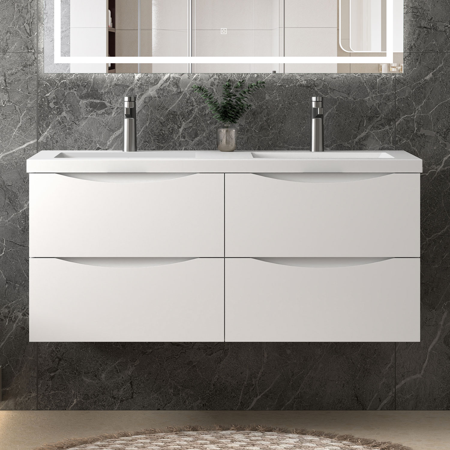 Waschbeckenunterschrank, Badezimmerschrank, 4 Schubladen, 120x44.5x52cm, Typ C-kunststein Waschbecken, Badschrank, Unterschrank Mit Waschbecken, Weiß, Sanfter Schluss